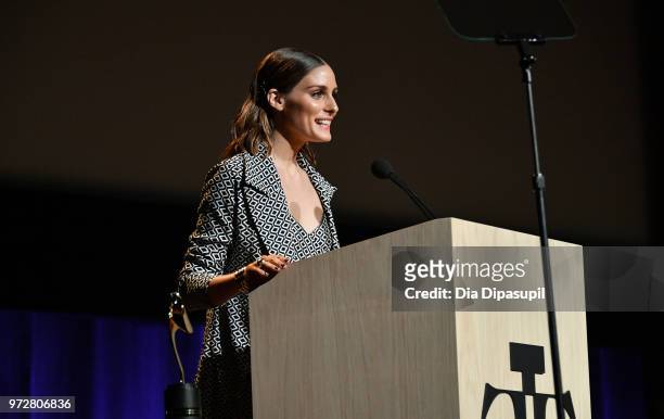 Influencer Olivia Palermo speaks on stage during 2018 Fragrance Foundation Awards at Alice Tully Hall at Lincoln Center on June 12, 2018 in New York...