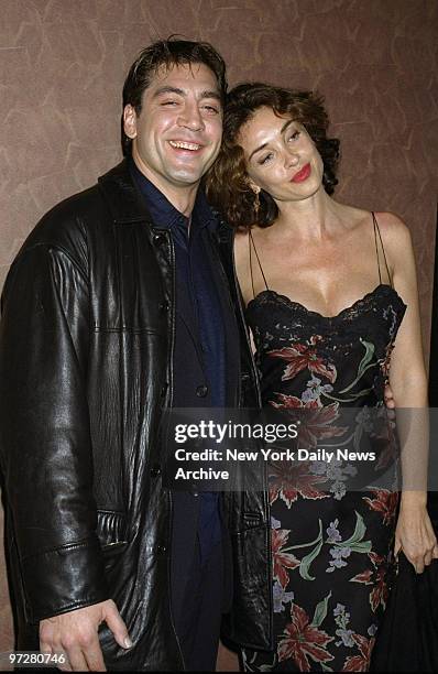 Javier Bardem and Olatz Lopez Garmendia get together at the premiere of the movie "Before Night Falls" at Clearview Chelsea West Cinemas. They're...