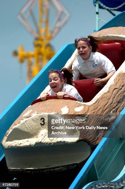Jennifer and Ashley Reed of Brooklyn, ride the log flume during Astroland Amusement Park's third annual Twins and Multiples Day in Coney Island.