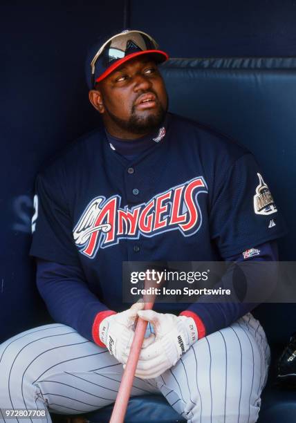 Anaheim Angels first baseman Mo Vaughn in the dugout before a game against the San Diego Padres played on July 16, 2000 at Qualcomm Stadium in San...