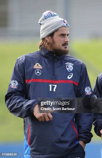 Tom Boyd of the Bulldogs looks on during a Western Bulldogs AFL training session at Whitten Oval on June 13, 2018 in Melbourne, Australia.