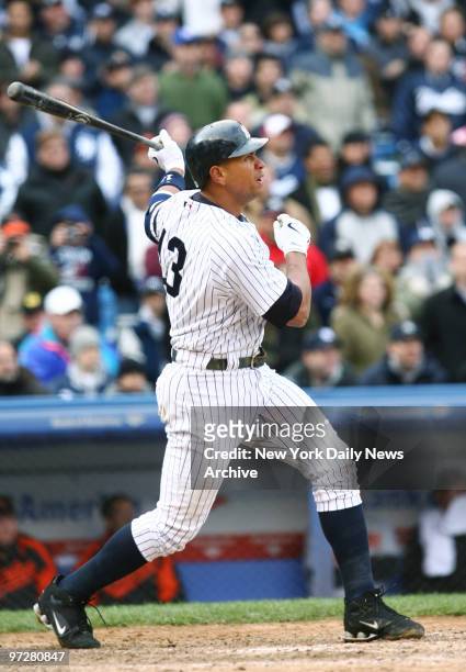 New York Yankees' Alex Rodriguez belts a walk-off grand slam into the black seats of center field with two strikes and two outs in the bottom of the...