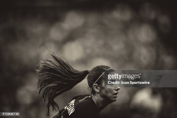 United States forward Alex Morgan looks on during an international friendly soccer match between the USA and China PR Women's National Teams on June...