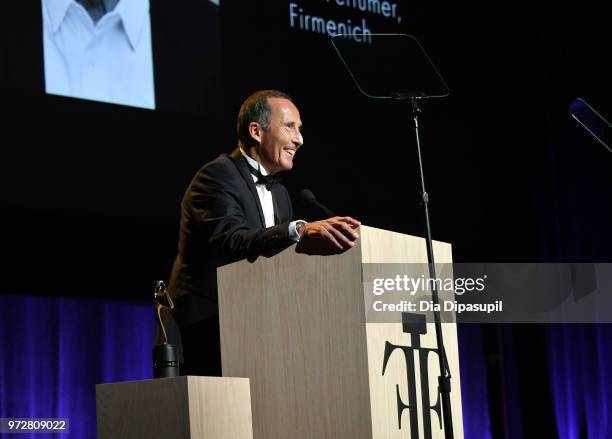 Master Perfumer, Firmenich, Recipient, Lifetime Perfumer Achievement Award Olivier Cresp speaks on stage during 2018 Fragrance Foundation Awards at...