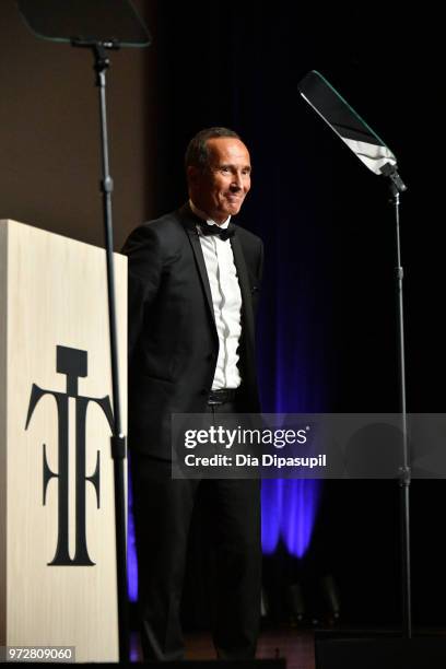 Master Perfumer, Firmenich, Recipient, Lifetime Perfumer Achievement Award Olivier Cresp speaks on stage during 2018 Fragrance Foundation Awards at...