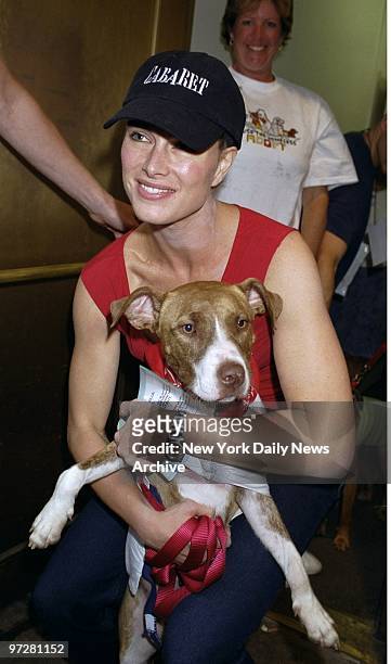 Brooke Shields cuddles a pit bull up for adoption during the "Broadway Barks 3!" benefit at Shubert Alley. The annual event encourages the adoption...