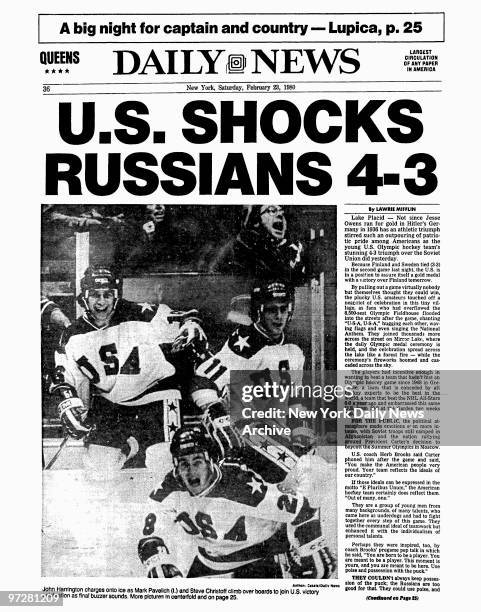 Daily News back page dated Feb. 23 Headline: U.S. SHOCKS RUSSIANS 4-3, John Harrington charges onto ice as Mark Pavelich and Steve Christoff climb...