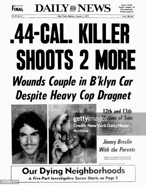 Daily News front page August 1 Headline: .44-CAL. KILLER SHOOTS 2 MORE, Wounds Couple in B'klyn Car Despite Heavy Cop Dragnet, 12th and 13th Victims...