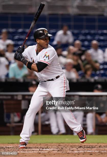 Starlin Castro of the Miami Marlins at bat during the game against the San Francisco Giants at Marlins Park on June 12, 2018 in Miami, Florida.