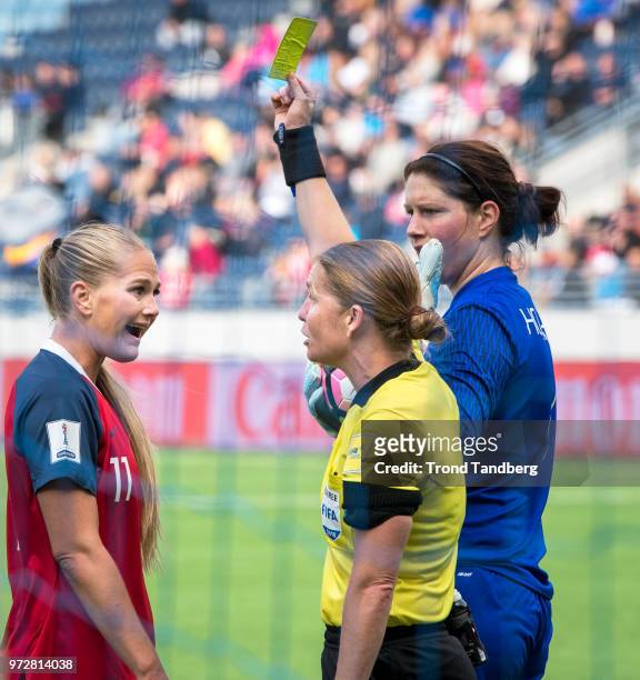 Lisa Marie Utland of Norway, Referee Ester Staubli of SUI, Marie Hourihan of Republic of Ireland during 2019 FIFA Womens World Cup Qualifier between...