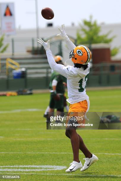 Green Bay Packers wide receiver Davante Adams makes a catch during Green Bay Packers minicamp at Ray Nitschke Field on June 12, 2018 in Green Bay, WI.