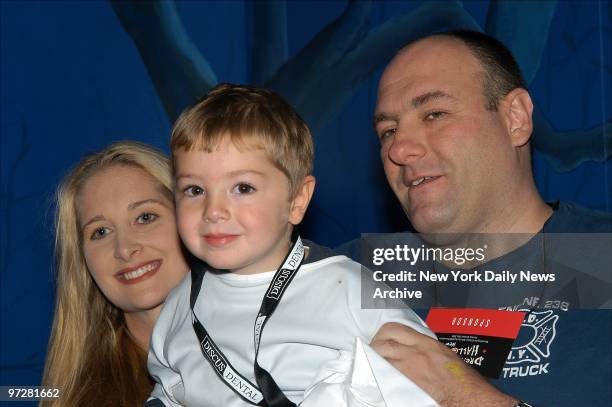 James Gandolfini enjoys a moment with wife Marcy and 3?-year-old son Michael at the first-ever Dream Halloween at Chelsea Piers. The event benefits...