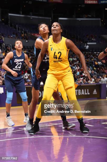 Jantel Lavender of the Los Angeles Sparks boxes out against the Atlanta Dream on June 12, 2018 at STAPLES Center in Los Angeles, California. NOTE TO...