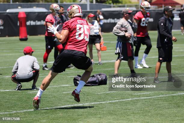 San Francisco 49ers Tight End George Kittle catches a pass during drills on June 12, 2018 at the SAP Performance Facility in Santa Clara, CA.