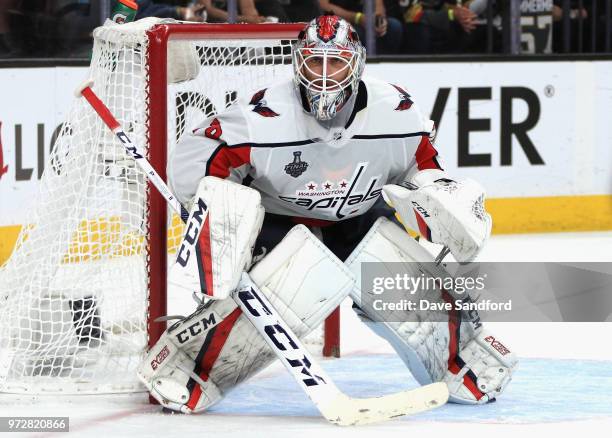 Goaltender Braden Holtby of the Washington Capitals defends the net against the Vegas Golden Knights during the second period of Game Five of the...