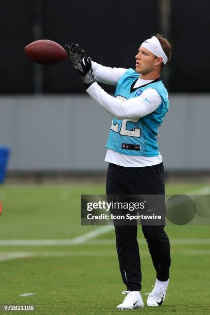 Christian McCaffrey catches a pass during Carolina Panthers minicamp on June 12 at the Carolina Panthers practice facility in Charlotte, N.C.