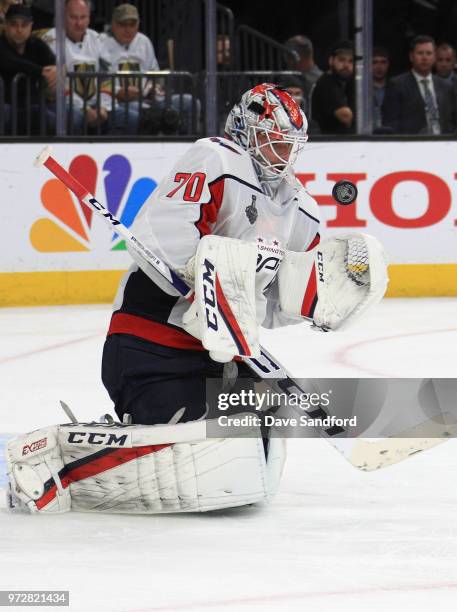 Goaltender Braden Holtby of the Washington Capitals makes a save against the Vegas Golden Knights during Game Five of the 2018 NHL Stanley Cup Final...