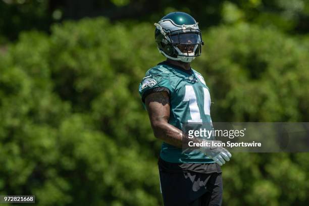 Philadelphia Eagles wide receiver Mike Wallace looks on during Eagles Minicamp Camp on June 12 at the NovaCare Complex in Philadelphia, PA.