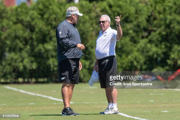 Philadelphia Eagles head coach Doug Pederson chats with owner Jeffrey Lurie during Eagles Minicamp Camp on June 12 at the NovaCare Complex in...
