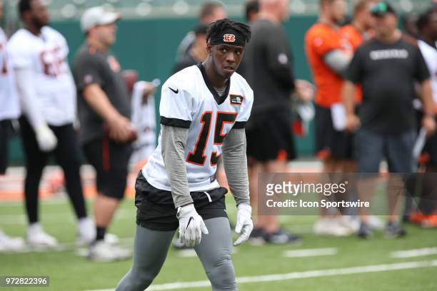 Cincinnati Bengals wide receiver John Ross gets ready for a play during Bengals minicamp on June 12th, 2018 at Paul Brown Stadium in Cincinnati, OH.
