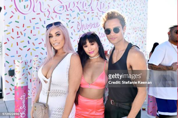 Laila Dahou, Ling Tang and Chris Fisher attend MAC Cosmetics Oh Sweetie Lipcolour Launch Party in Beverly Hills on June 12, 2018 in Beverly Hills,...