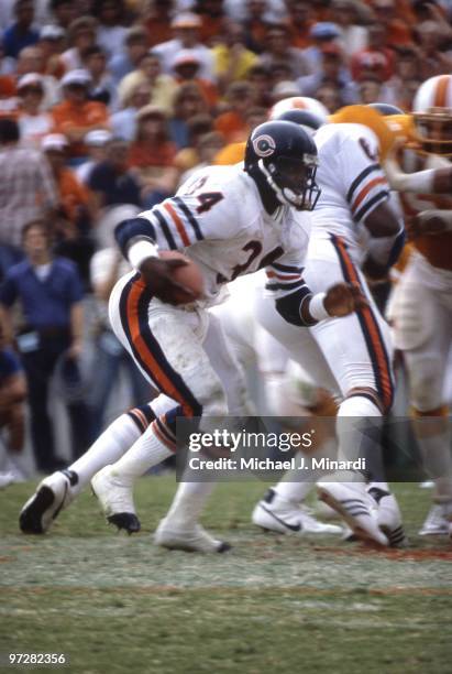 Running Back Walter Payton of the Chicago Bears runs with the ball for yardage during their NFL game against the Tampa Bay Buccaneers at Tampa...