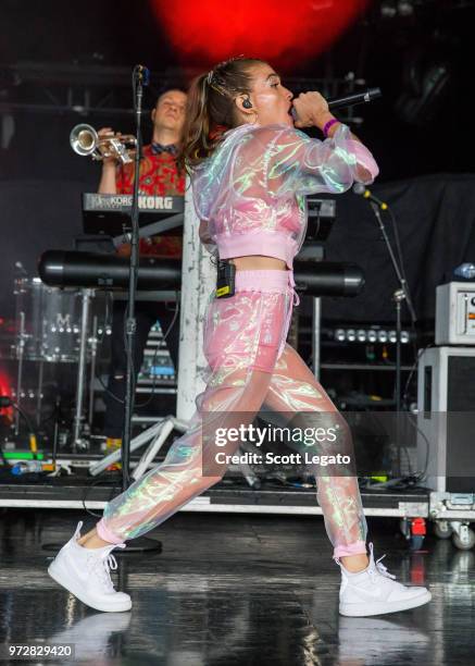 Mandy Lee of Misterwives performs at DTE Energy Music Theater on June 12, 2018 in Clarkston, Michigan.