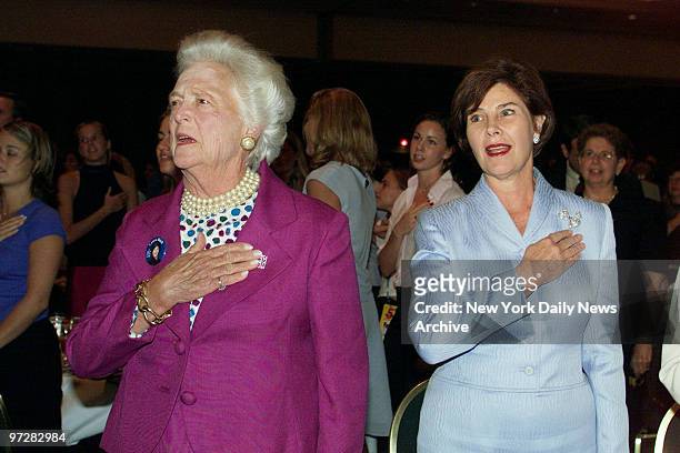 Former First Lady Barbara Bush joins her daughter-in-law, Laura Bush, at a luncheon honoring the Texas governor's wife at the Marriott Hotel in...