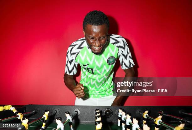 Mikel John Obi of Nigeria poses during the official FIFA World Cup 2018 portrait session on June 12, 2018 in Yessentuki, Russia.