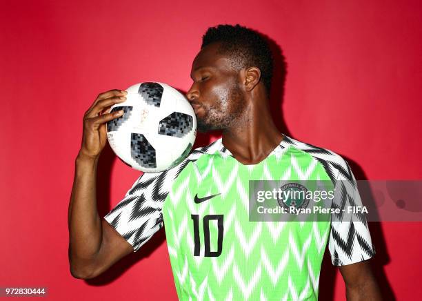 Mikel John Obi of Nigeria poses during the official FIFA World Cup 2018 portrait session on June 12, 2018 in Yessentuki, Russia.