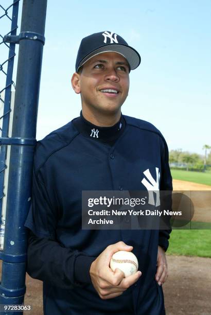 New York Yankees' Alex Rodriguez, who was just acquired from the Texas Rangers a week ago, reports for his first day of spring training at the Yanks'...