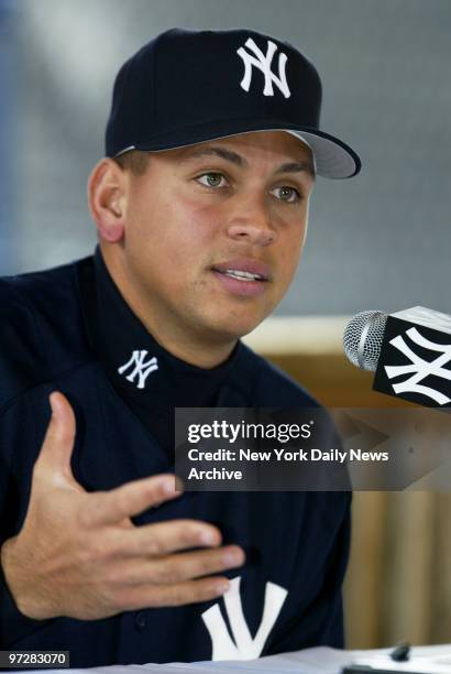New York Yankees' Alex Rodriguez, who was just acquired from the Texas Rangers a week ago, speaks at a news conference after arriving at the Yanks'...