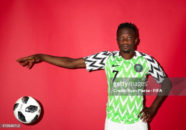 Ahmed Musa of Nigeria poses during the official FIFA World Cup 2018 portrait session on June 12, 2018 in Yessentuki, Russia.