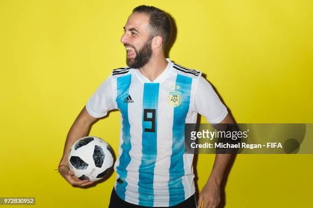 Gonzalo Higuain of Argentina poses during the official FIFA World Cup 2018 portrait session at on June 12, 2018 in Moscow, Russia.