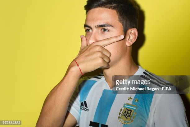 Paulo Dybala of Argentina poses during the official FIFA World Cup 2018 portrait session at on June 12, 2018 in Moscow, Russia.