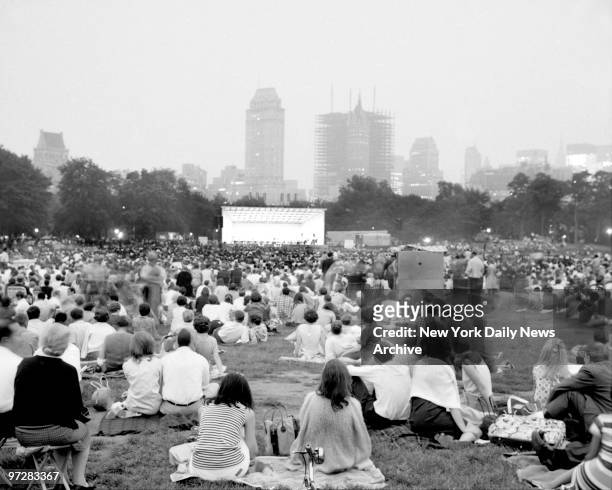 Crowd packs the Sheep Meadow area of Central Park to listen to a free concert by the New York Philharmonic Orchestra under the baton of Lorin Maazel....