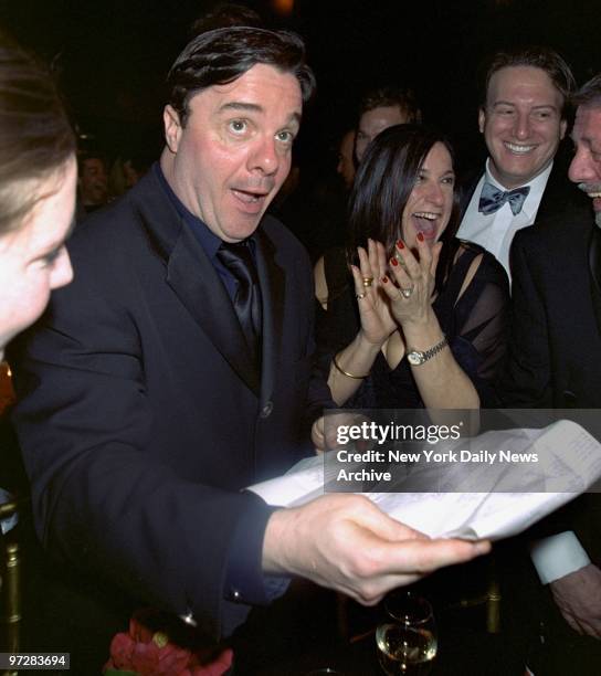 Nathan Lane reads reviews at the opening night party at Roseland for the Broadway play "The Producers".
