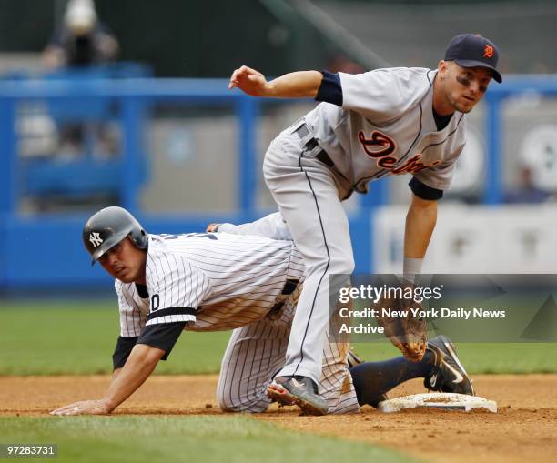 New York Yankees' Andy Phillips is out as he breaks up a double play attempt with a hard slide into second, as Detroit Tigers' second baseman Ryan...