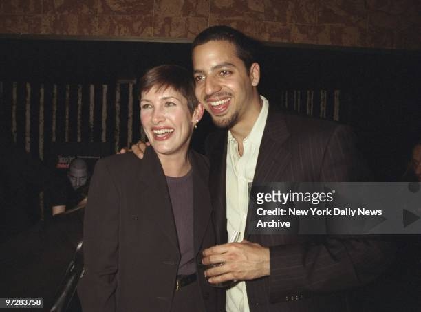 Magician David Blaine gets together with Cyndi Stivers, editor of Time Out New York, at a bon voyage party at Joe's Pub for Blaine, who was preparing...