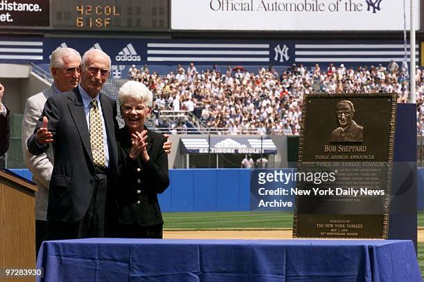 New York Yankees' announcer Bob Sheppard and wife, Mary, look at monument unveiled in his honor during pregame ceremonies at Yankee Stadium. Sheppard...