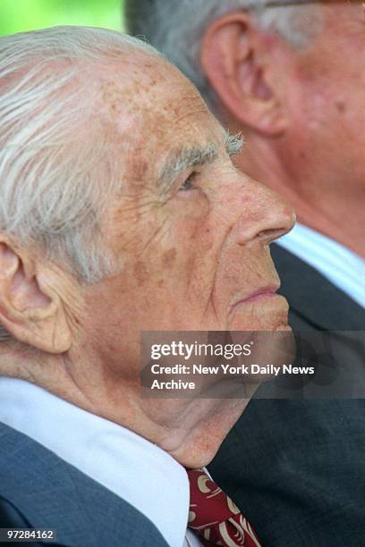 Former Mayor Abe Beame attending dedication ceremony for the new Gov. Nelson A. Rockefeller Park in Battery Park City.