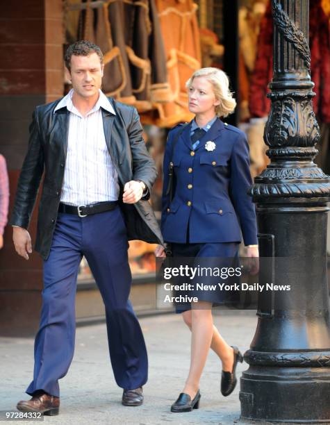 Jason O'Mara and Gretchen Mol at the filming on Orchard Street of the TV Series "Life On Mars" ..this scene takes place in the 1970's ...