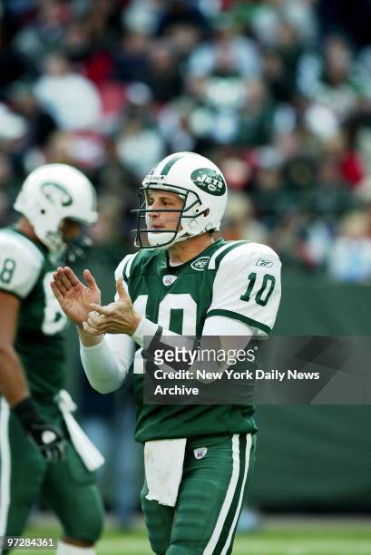 The New York Jets' Chad Pennington cheers on his team late in game against the Minnesota Vikings at Giants Stadium. Pennington completed 24 of 29...