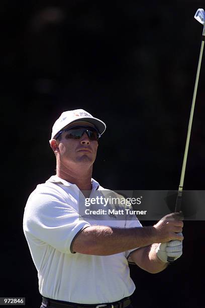 Peter Lonard of Australia, plays his second shot to the 16th during the third round of the South Australian Ford Open Championships being held at...