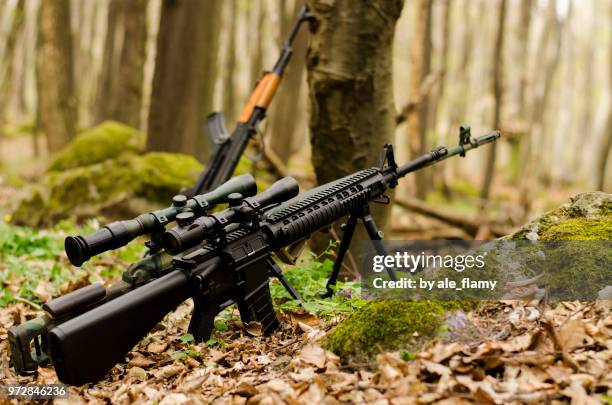 sniper rifle on a bipod in the forest - carbine stock pictures, royalty-free photos & images