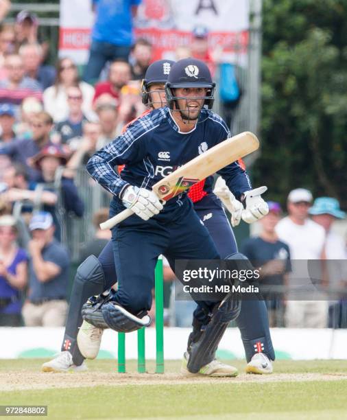 Scotland's Calum MacLeod on his way to a fantastic 140 not out in the first innings of the one-off ODI at the Grange Cricket Club on June 10, 2018 in...