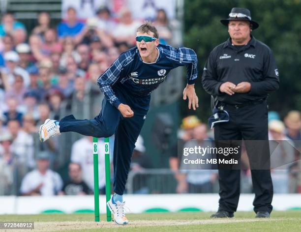 Sotland's Michael Leask bowls during the second innings of the one-off ODI at the Grange Cricket Club on June 10, 2018 in Edinburgh, Scotland.