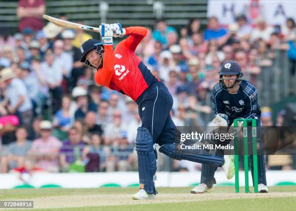 Jonny Bairstow on his way to a fantastic 105 in the second innings of the one-off ODI at the Grange Cricket Club on June 10, 2018 in Edinburgh,...