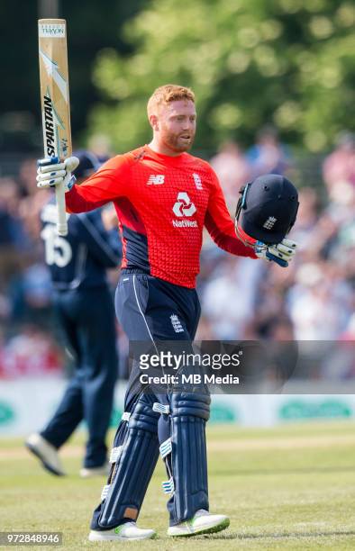 Runs for England opening batsman, Jonny Bairstow in the second innings of the one-off ODI at the Grange Cricket Club on June 10, 2018 in Edinburgh,...
