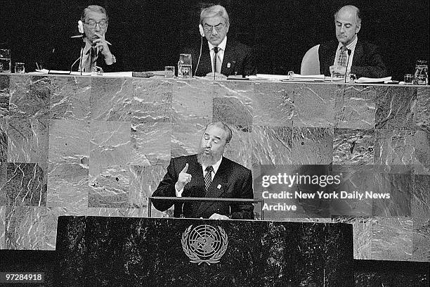 Cuban President Fidel Castro addresses the General Assembly as the United Nations marked its 50th anniversary.